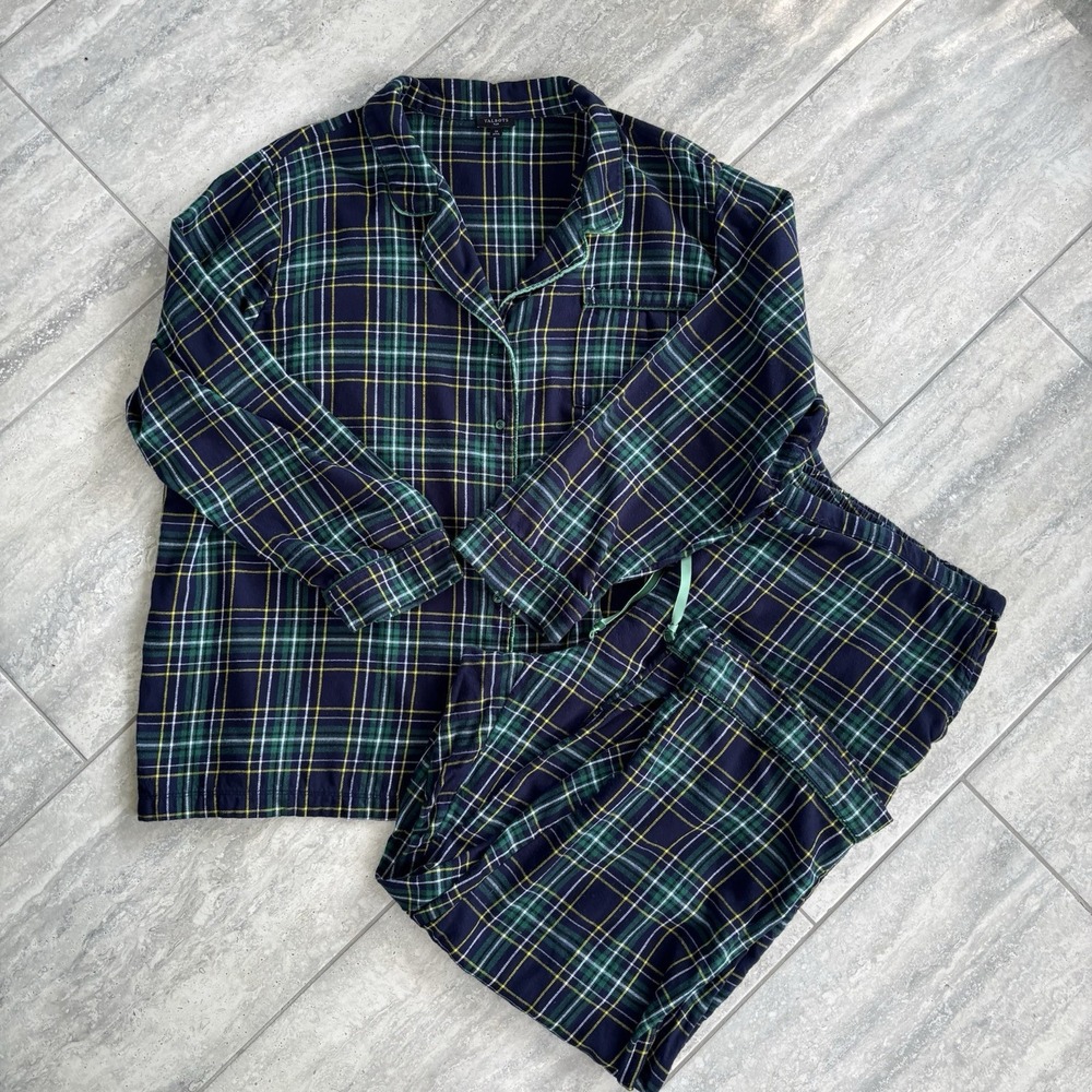 Talbots Flannel Pajamas Set Green Blue Plaid Cotton Long Button Down Pants 3X